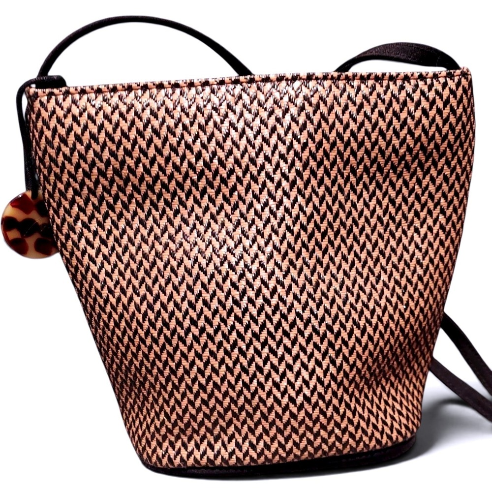Vintage Marlo Handbag Woven Boho Straw Chevron Summer Crossbody Bag Black Tan